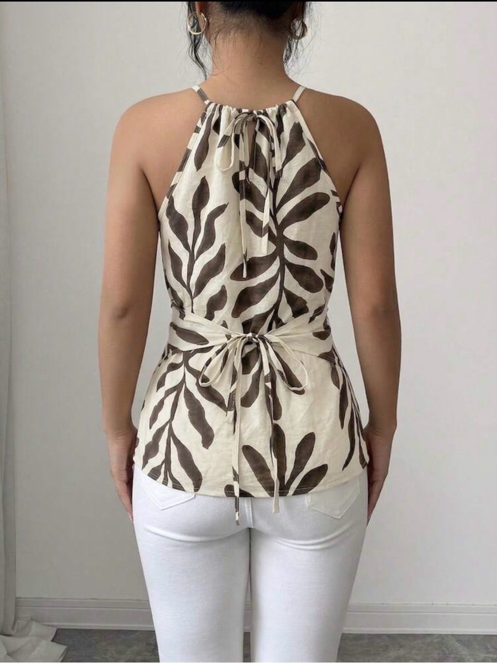 NWT Halter Neck Leaf Print Wrap Top in Cream and Dark Brown - Picture 2 of 4